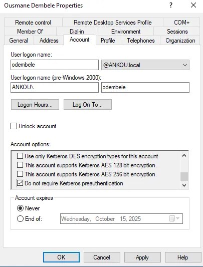 Do not require Kerberos preauthentication, enabled on an account